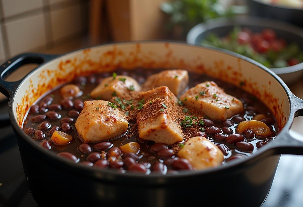 Feijão preto sendo preparado para a Feijoada Suprema da Tradição Brasileira, com especiarias ao redor.