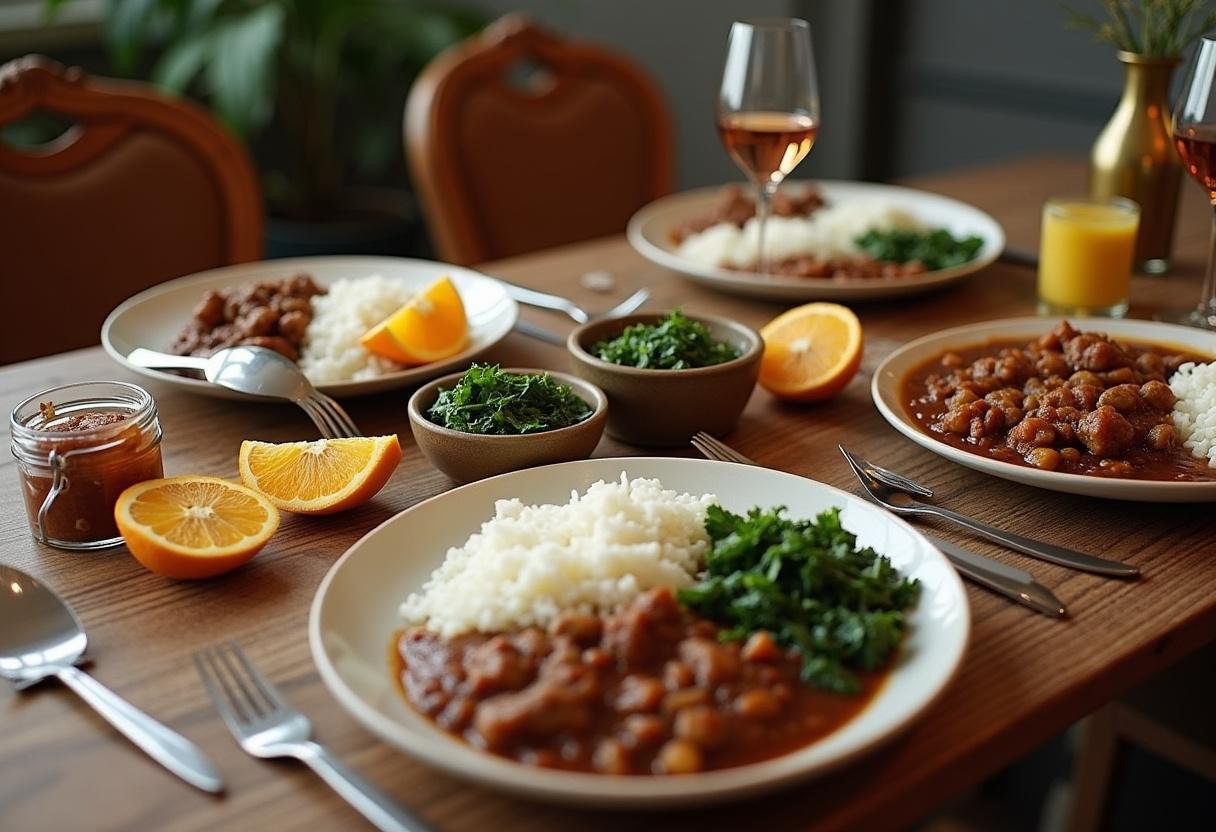 Feijoada Suprema cozinhando lentamente no fogão, com arroz e laranjas ao lado.
