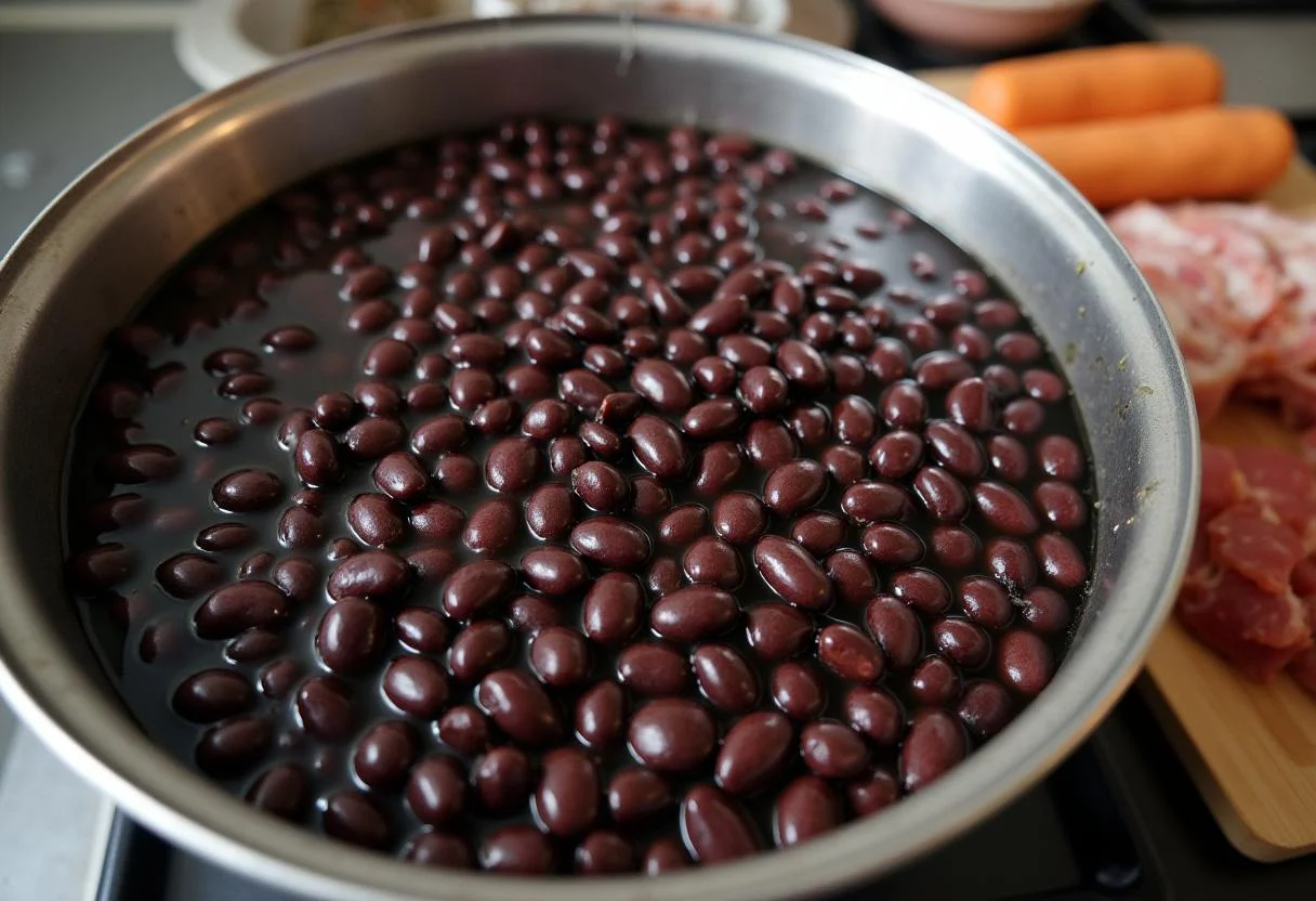 Feijoada preparation with black beans soaking in water for traditional recipe.