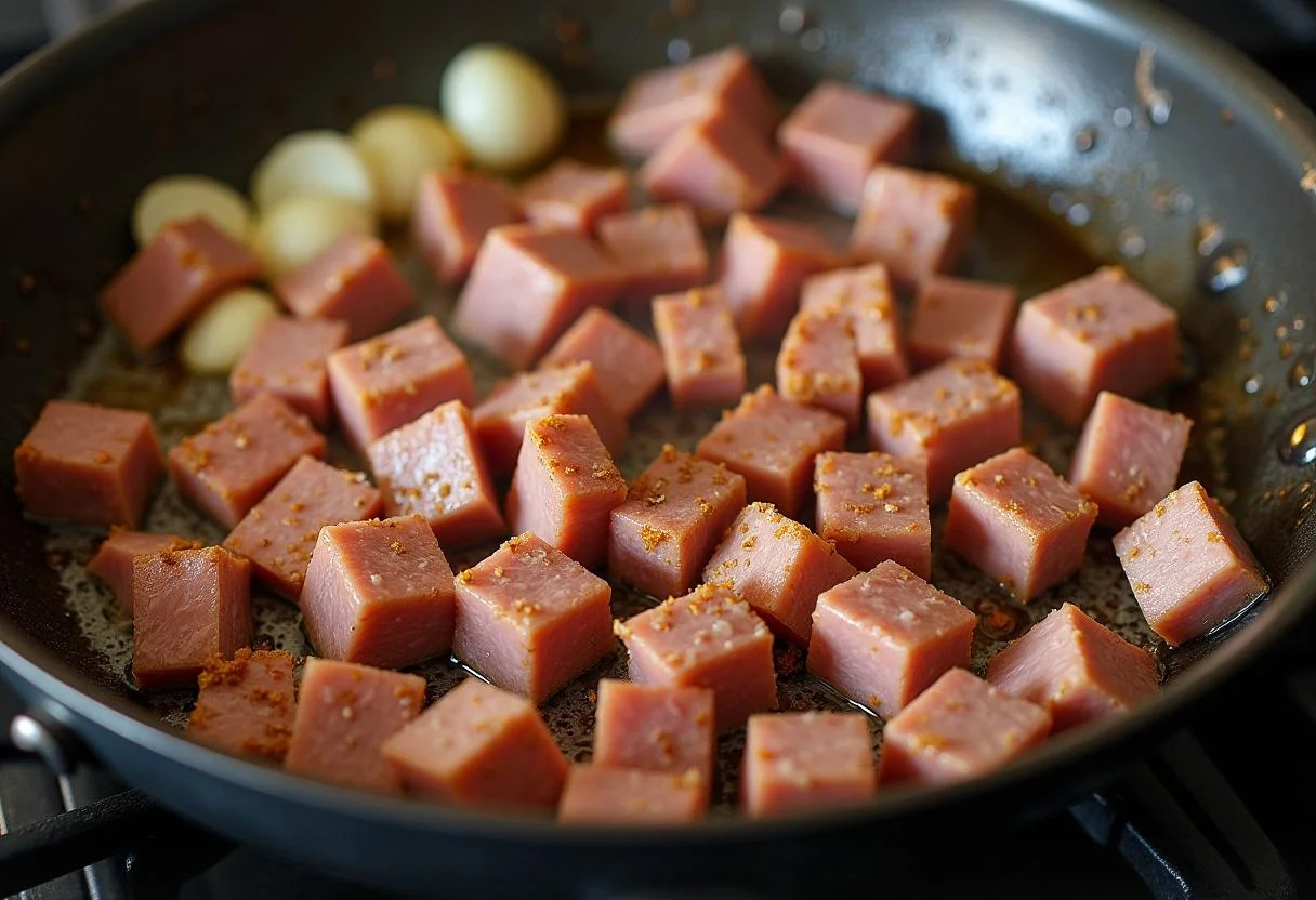 Browning meat for Feijoada Tradicional Irresistível recipe in a skillet.