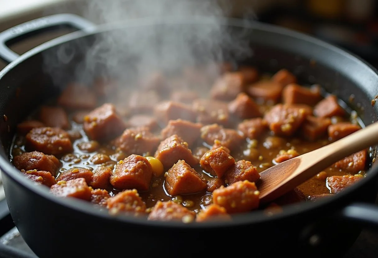 Stirring seasoned meats and spices in a pot for Feijoada preparation.