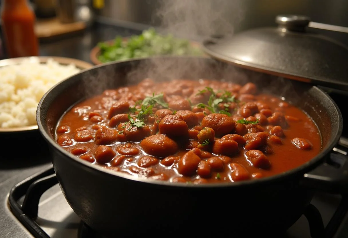 Simmering pot of traditional Feijoada ready to be served with accompaniments.