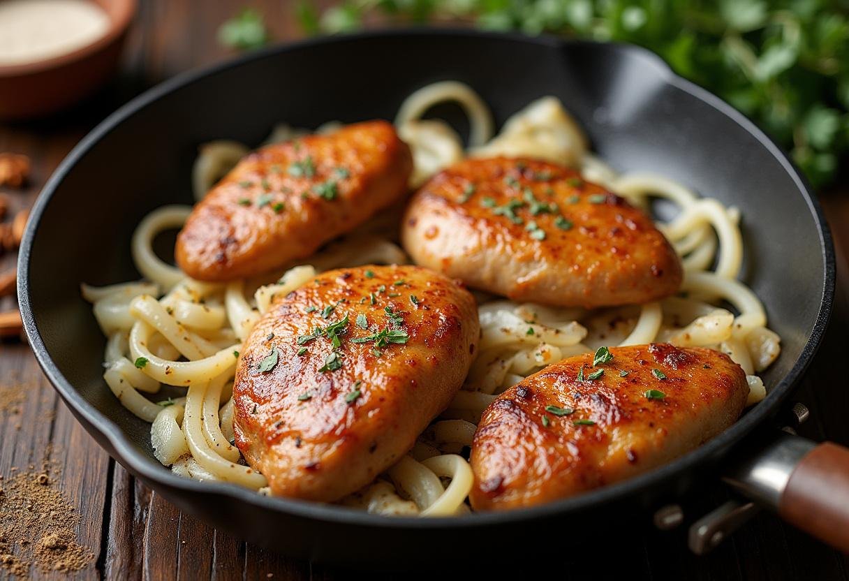 Fígado de frango sendo cozido com cebolas douradas e temperos para receita de fígado de frango acebolado macio.