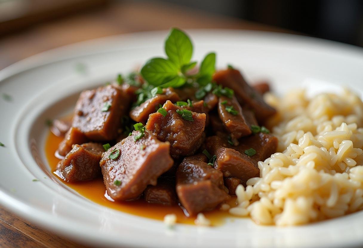 Prato com fígado de frango acebolado macio acompanhado de arroz.