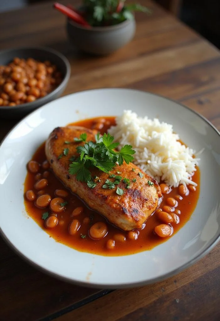 Finished Frango com Quiabo Mineiro served with rice and beans, perfect for a traditional Brazilian meal.