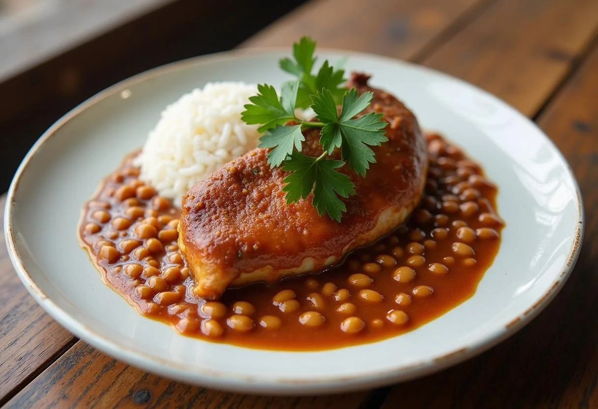 Finished Frango com Quiabo Mineiro served with rice and beans, perfect for a traditional Brazilian meal.