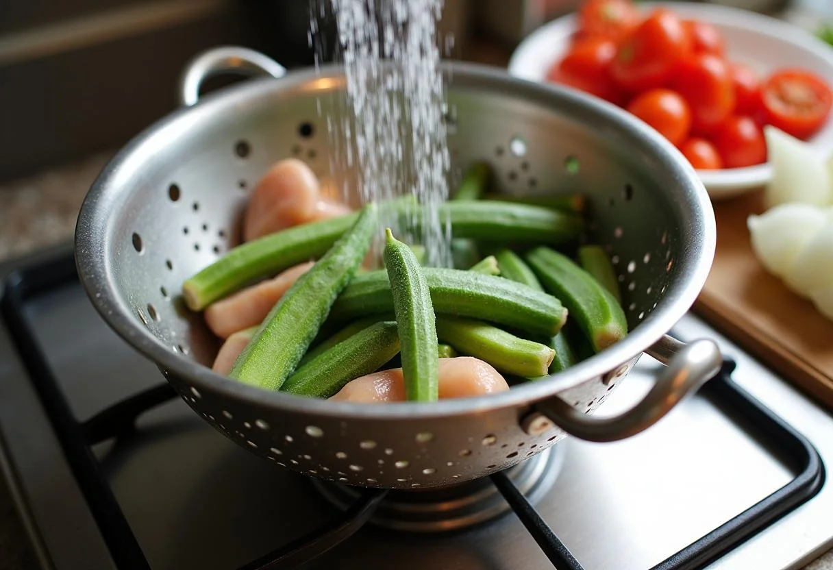 Frango com Quiabo Mineiro ingredients being rinsed, showcasing fresh okra and chicken pieces.