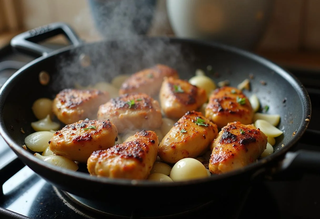 Sizzling chicken being cooked for Frango com Quiabo Mineiro in a skillet.