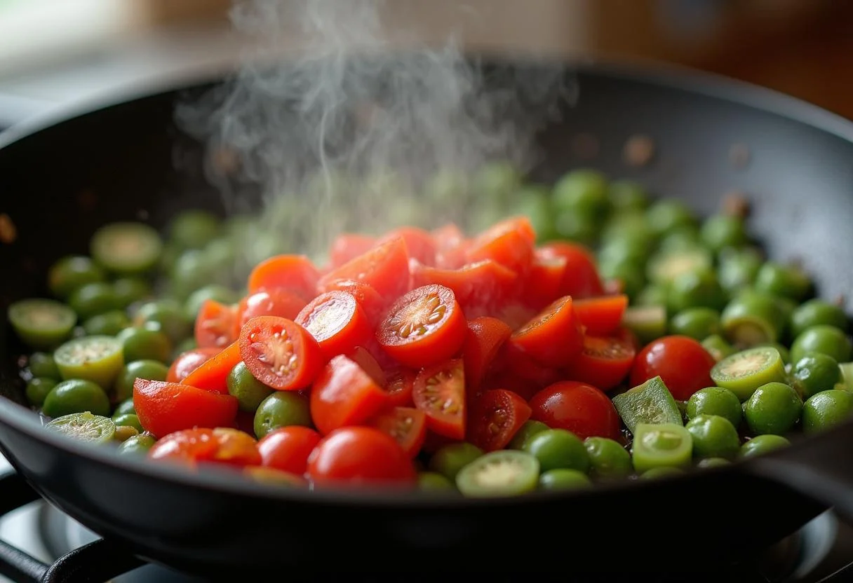 Chopped okra and tomatoes being added to the skillet for Frango com Quiabo.