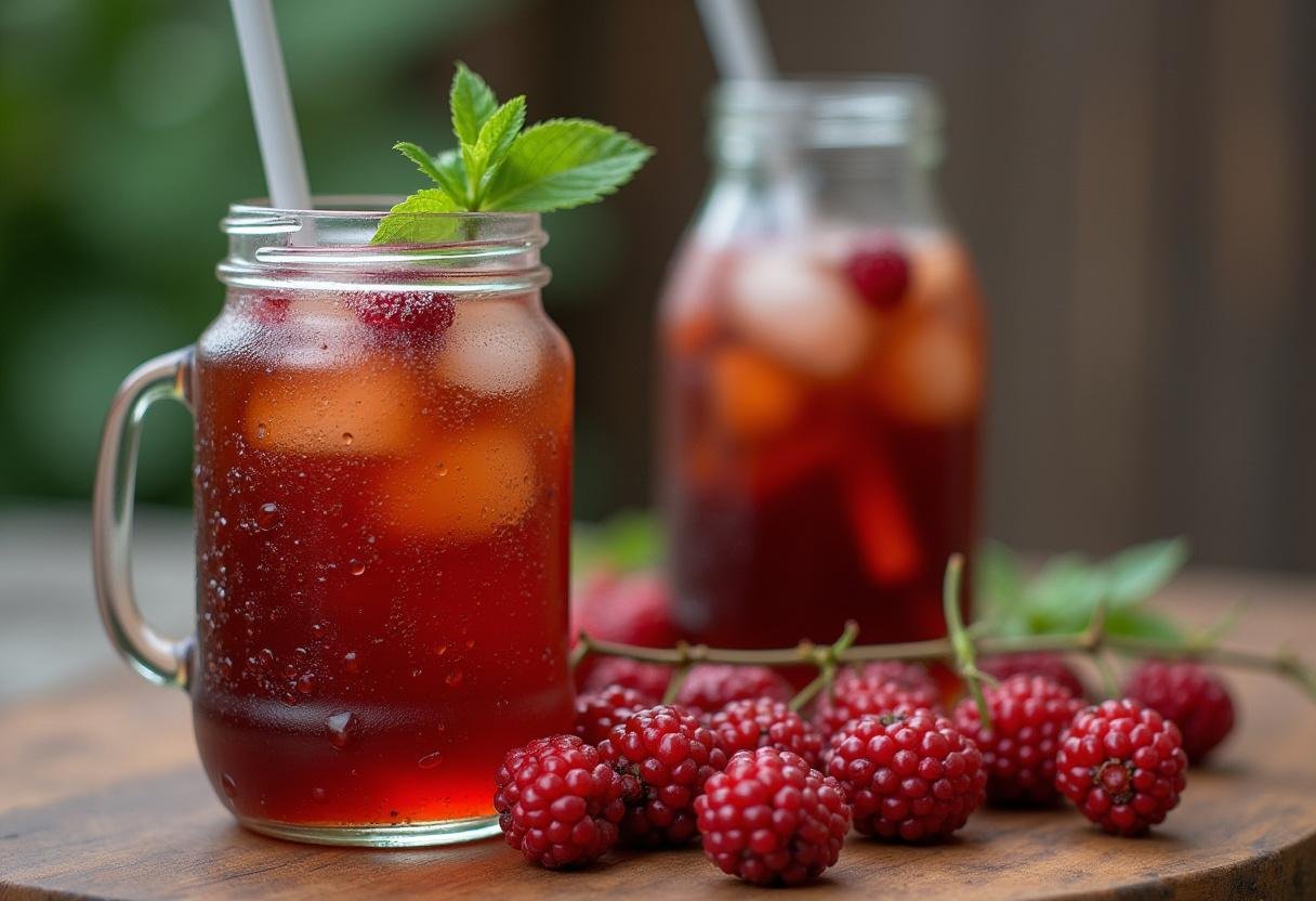 Refrigerante de Guaraná caseiro pronto para servir, com frutos frescos ao lado.