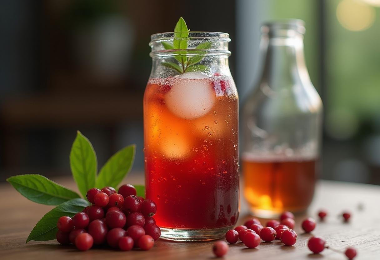 Refrigerante de Guaraná caseiro pronto para servir, com frutos frescos ao lado.