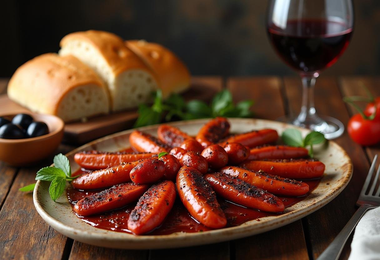 Prato principal de linguiça grelhada servido em uma mesa rústica com acompanhamentos tradicionais.