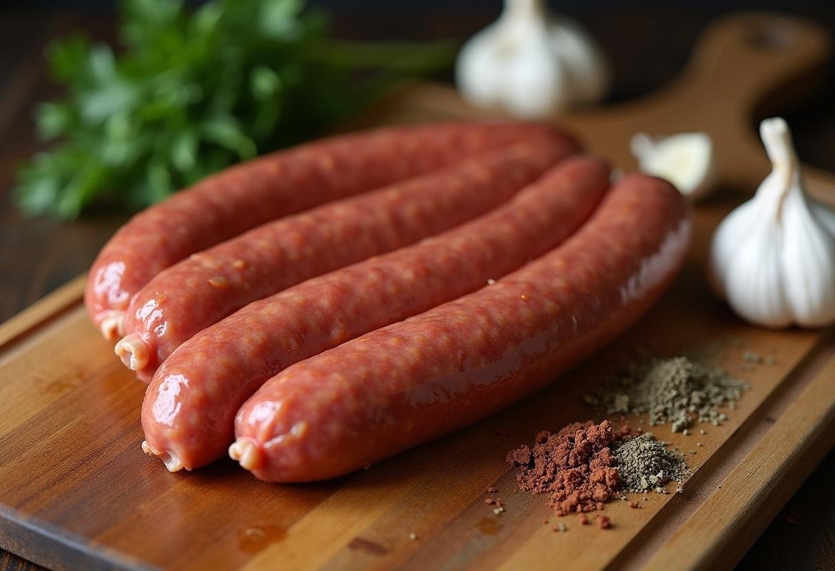 Linguiça fresca disposta em uma tábua de corte para preparo de receita tradicional.