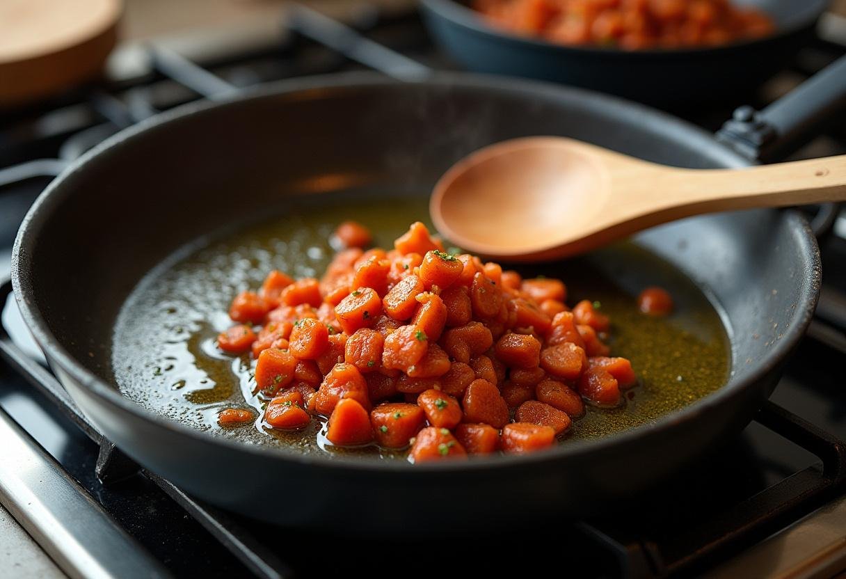 Frigideira aquecida com azeite para grelhar linguiça, pronta para o cozimento.