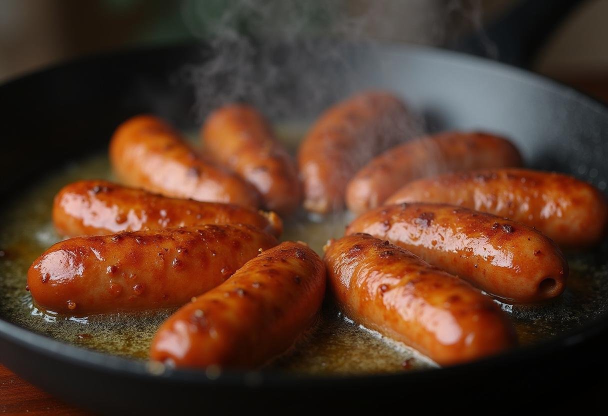 Linguiça dourando na frigideira, soltando sucos e ficando crocante.