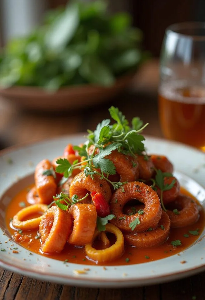 Final presentation of linguiça na cachaça apimentada, an appetizing Brazilian delicacy.