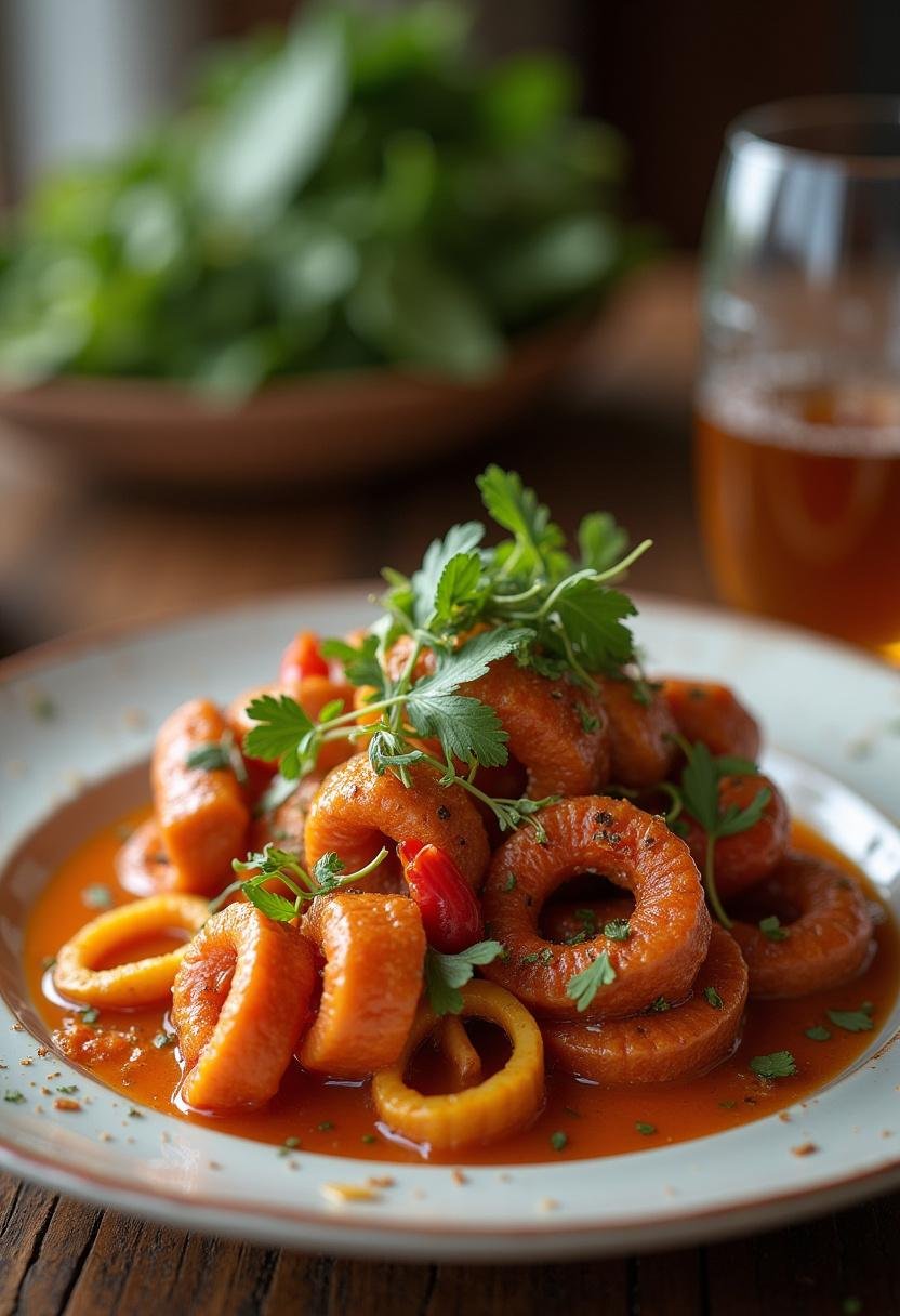 Final presentation of linguiça na cachaça apimentada, an appetizing Brazilian delicacy.