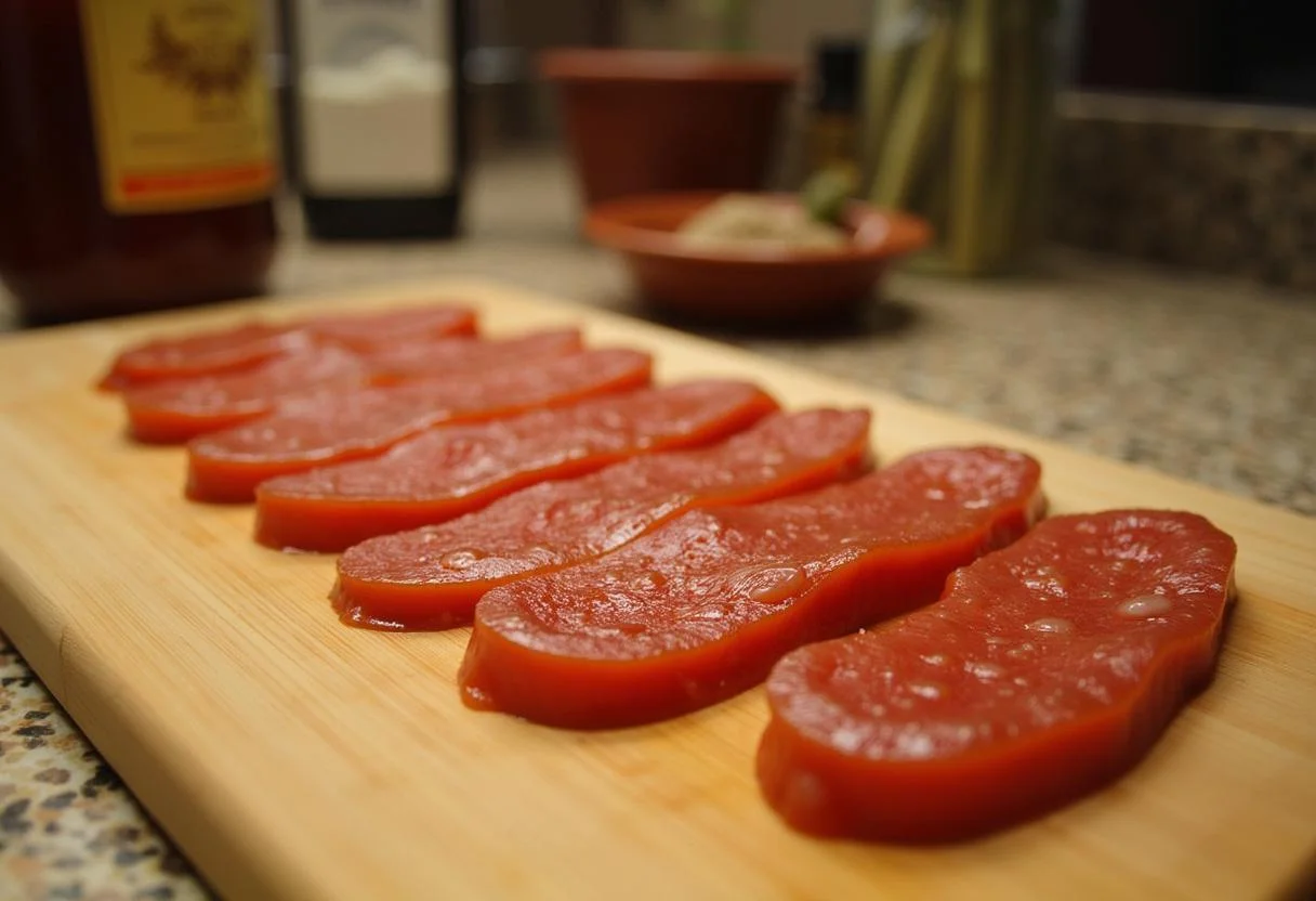 Fatias de linguiça colocadas em uma tábua de corte para a receita picante com cachaça.