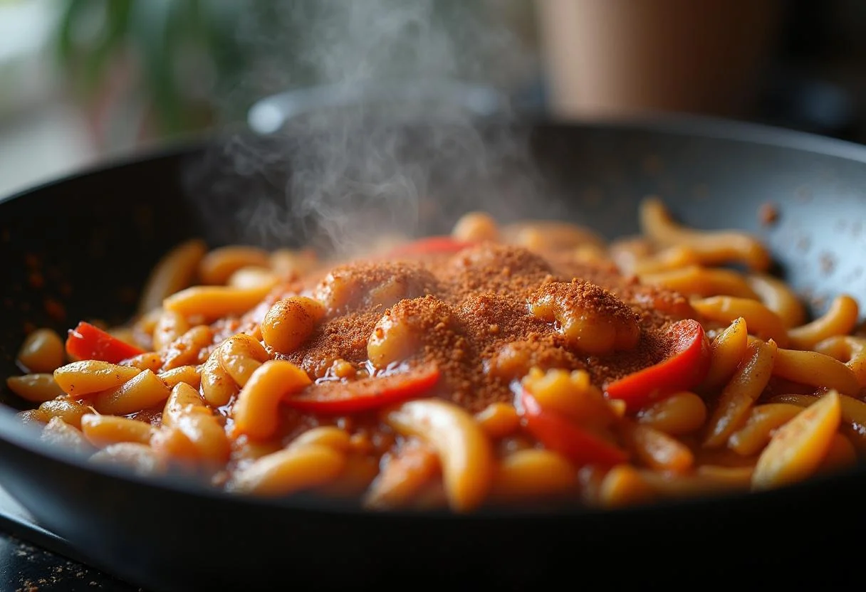 Deliciosa linguiça com cebolas e pimentões cozinhando em uma frigideira.