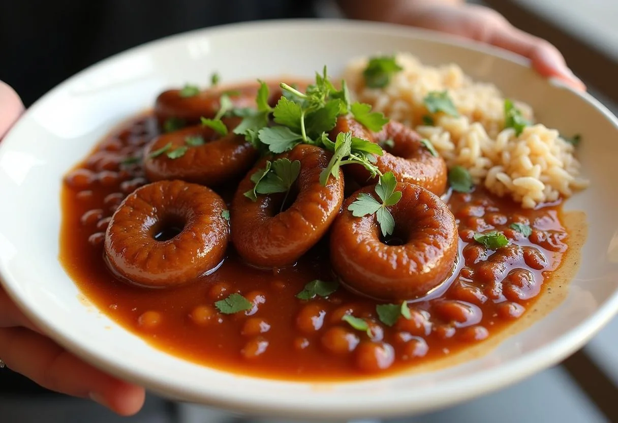 Linguiça refogada servida com arroz e feijão, um prato tradicional brasileiro.