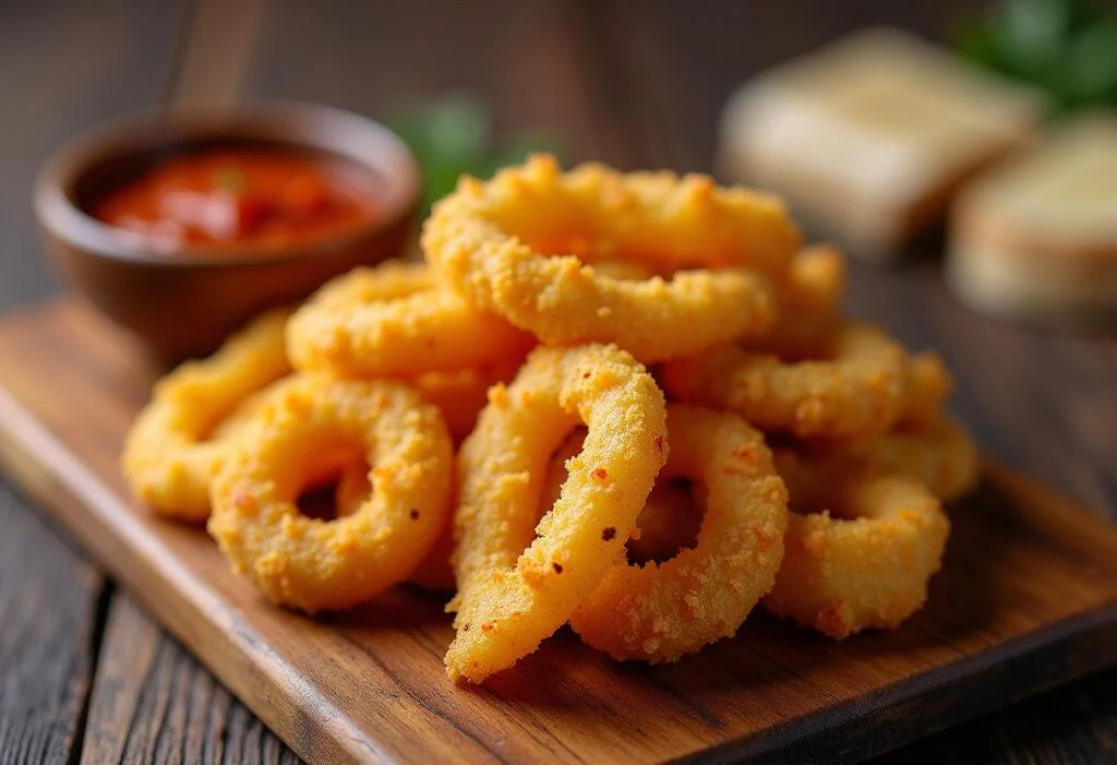 Crispy Mandioca Frita com Crocância Incomparável served with spicy dipping sauce.
