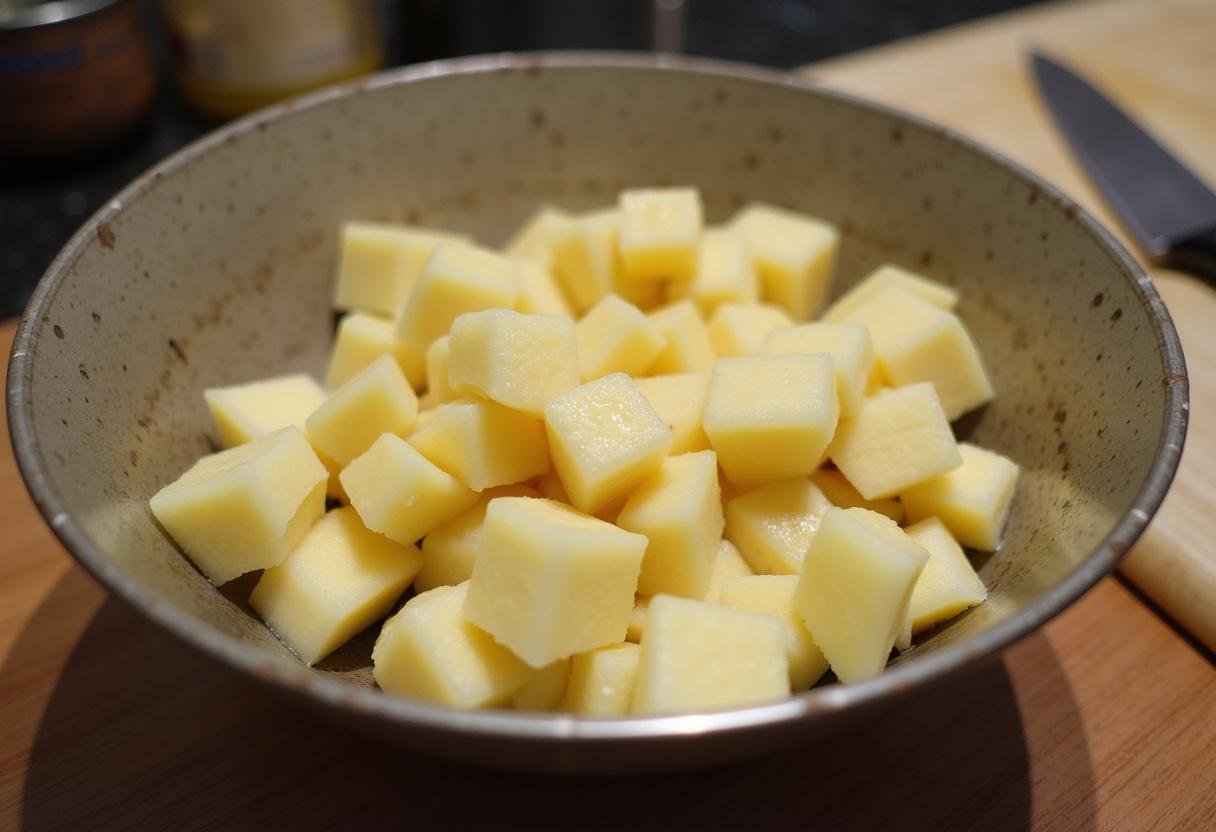 Pedaços de mandioca descascados preparados para fazer Mandioca Frita com Crocância Incomparável.