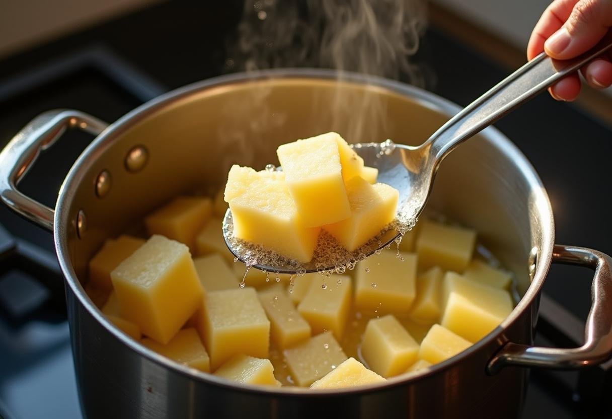 Pedaços de mandioca fritando em óleo quente para Mandioca Frita com Crocância Incomparável.