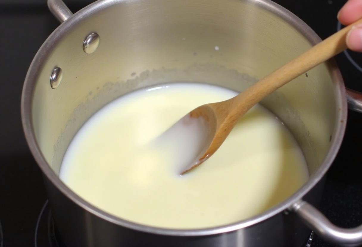 Mistura de leite de coco, açúcar e amido de milho sendo mexida para o Manjar Branco Celestial.