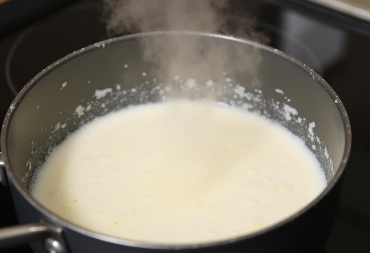 Mistura de leite de coco cozinhando até engrossar para Manjar Branco Celestial.