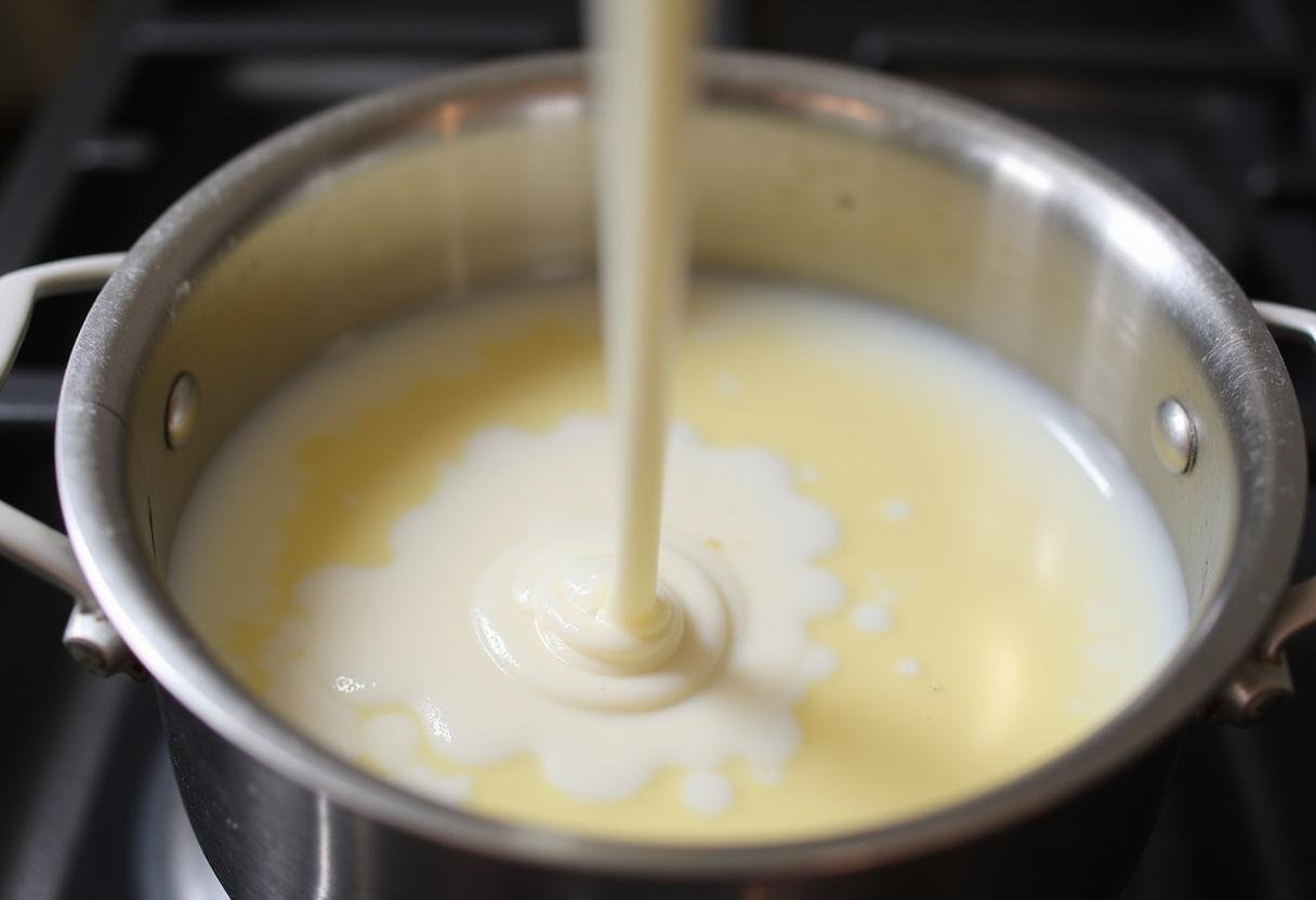 Panela no fogão com leite, açúcar e amido de milho sendo misturados para fazer Manjar Branco Celestial.
