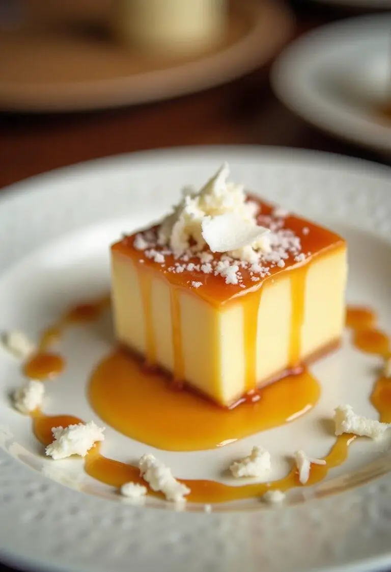 Final presentation of Manjar Branco with caramel sauce and coconut flakes, an elegant Brazilian dessert.
