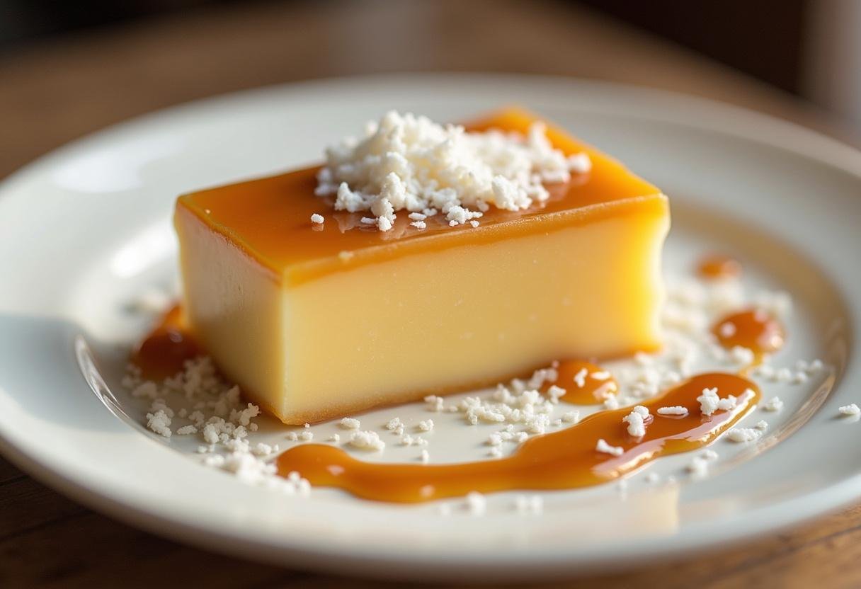 Final presentation of Manjar Branco with caramel sauce and coconut flakes, an elegant Brazilian dessert.
