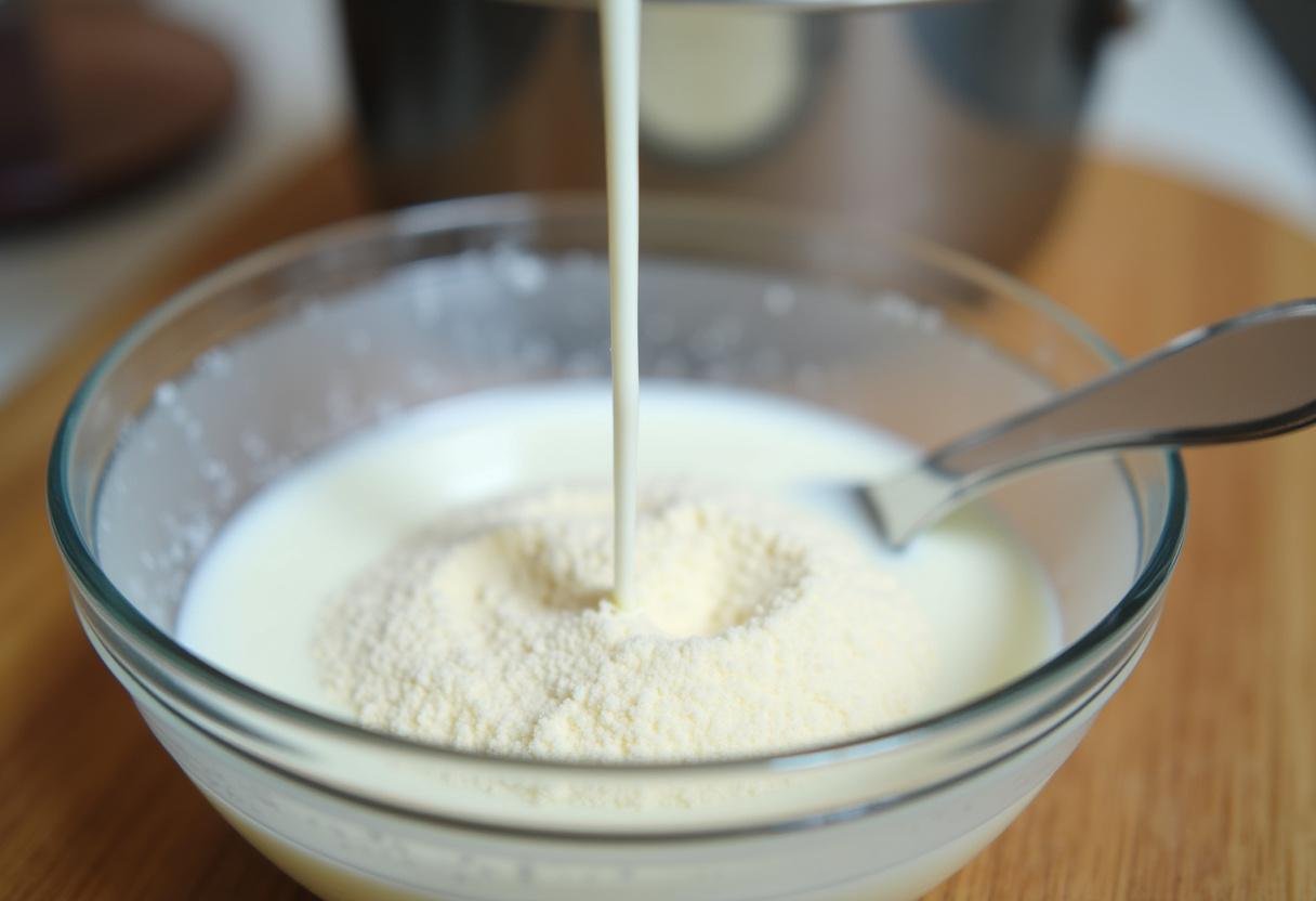 Cornstarch mixed with water to form a slurry for Manjar Branco recipe.