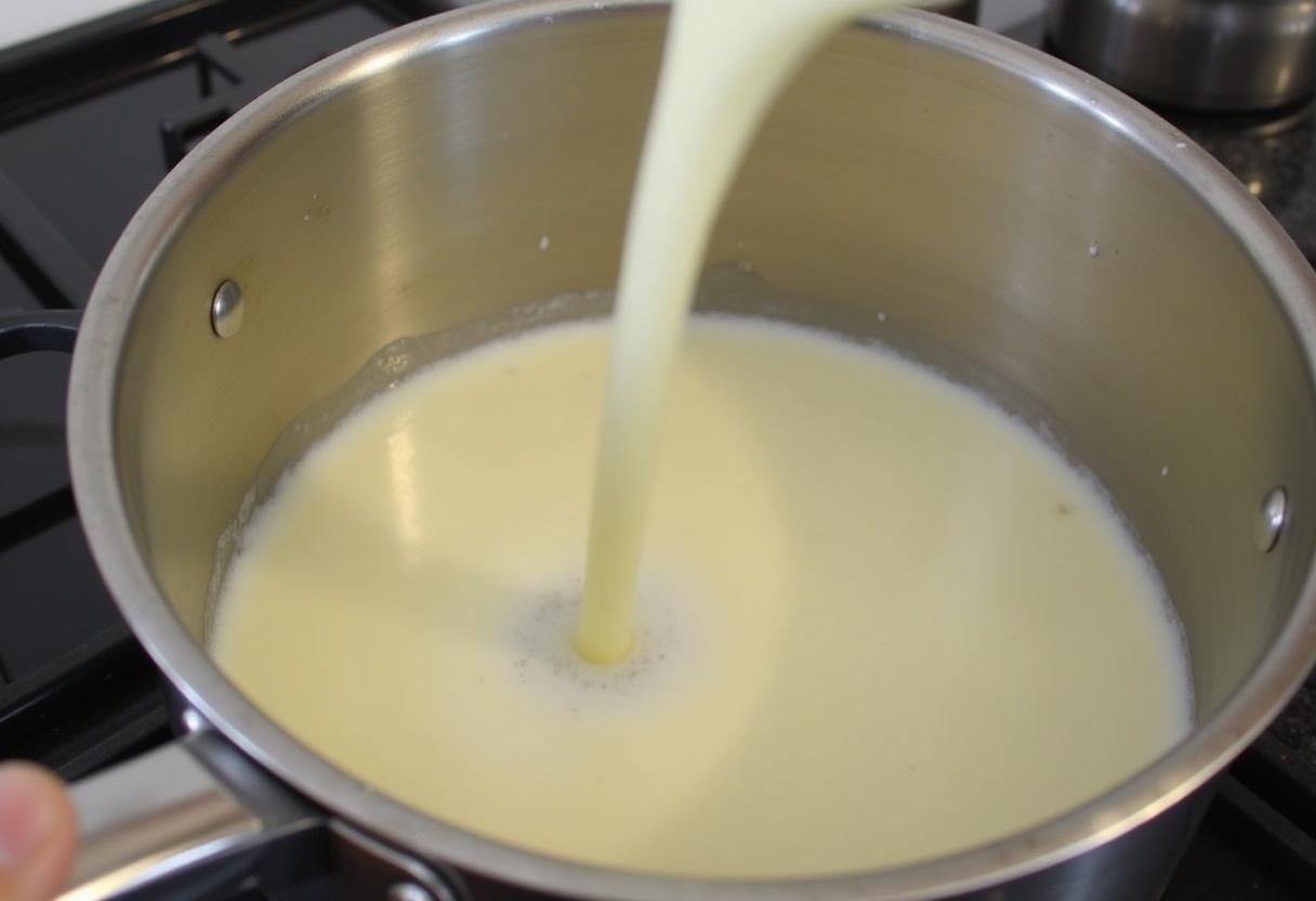 Combining coconut milk with cornstarch slurry for Manjar Branco dessert.