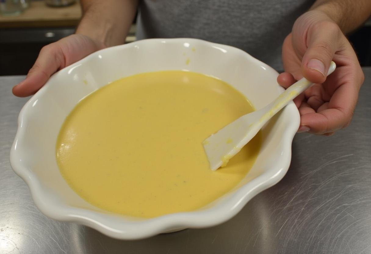 Pouring Manjar Branco mixture into a mold to set.