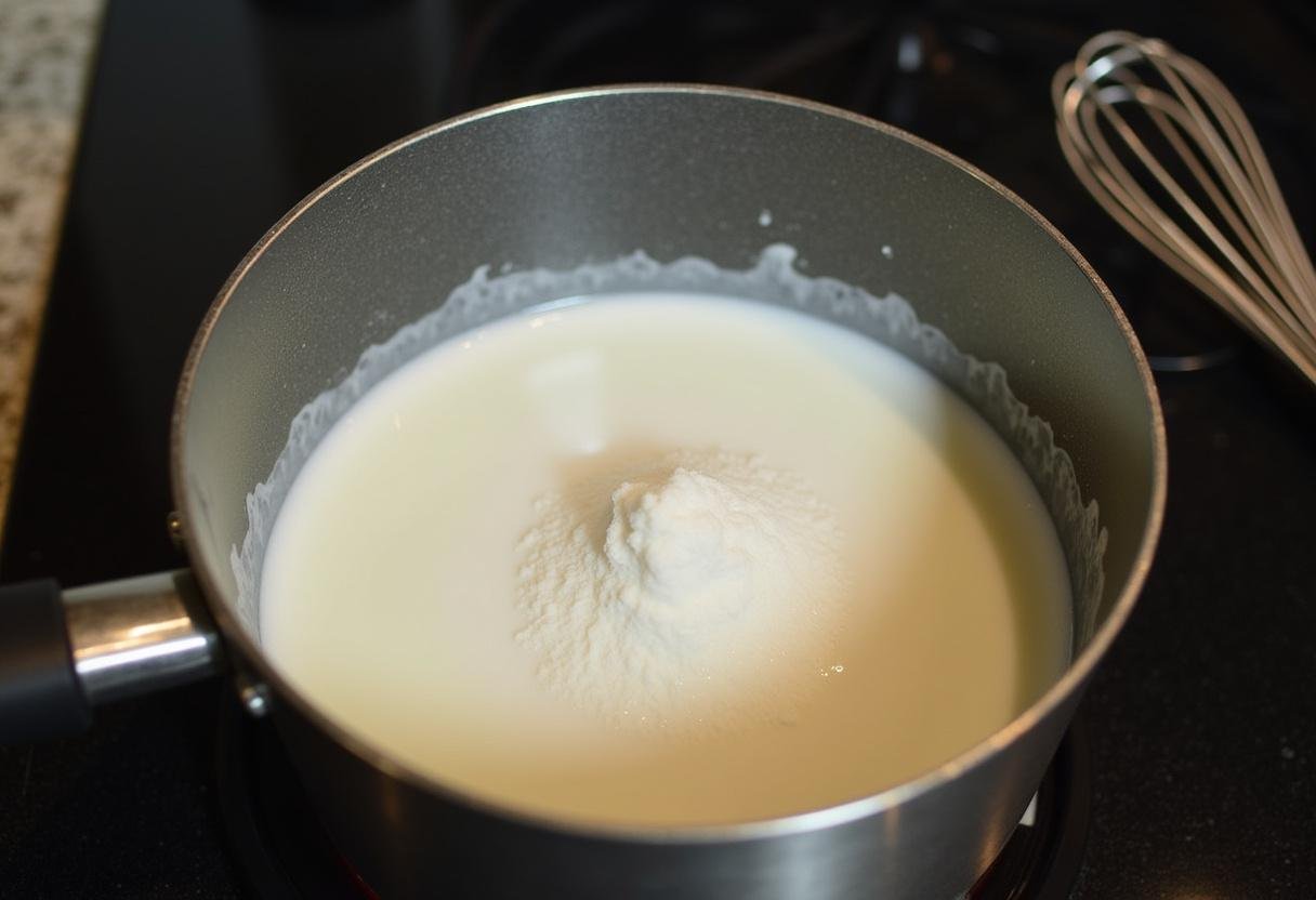 Preparando o Manjar Branco com leite e açúcar em uma panela no fogão.