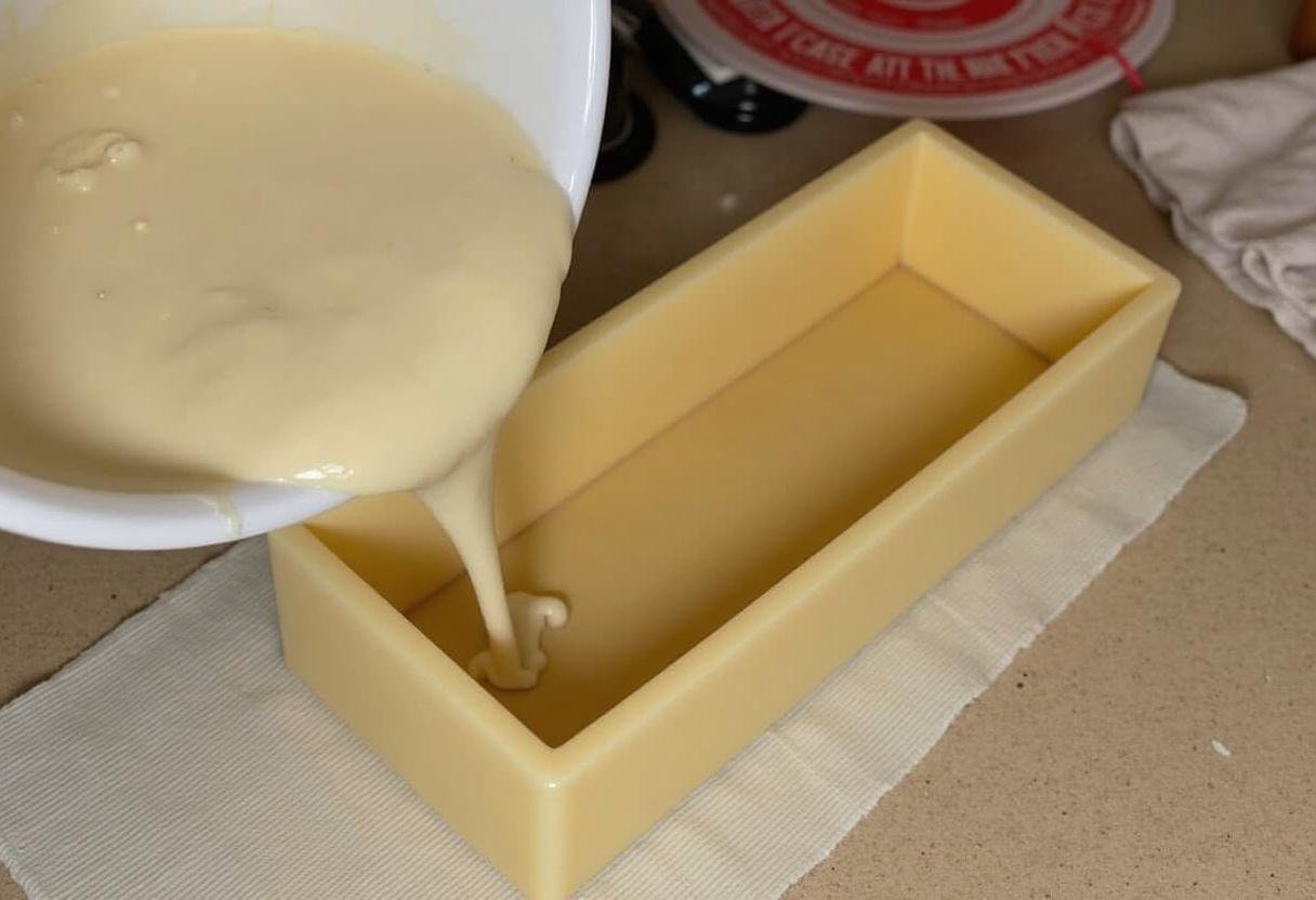 Despejando a mistura do Manjar Branco em uma forma antes de refrigerar.