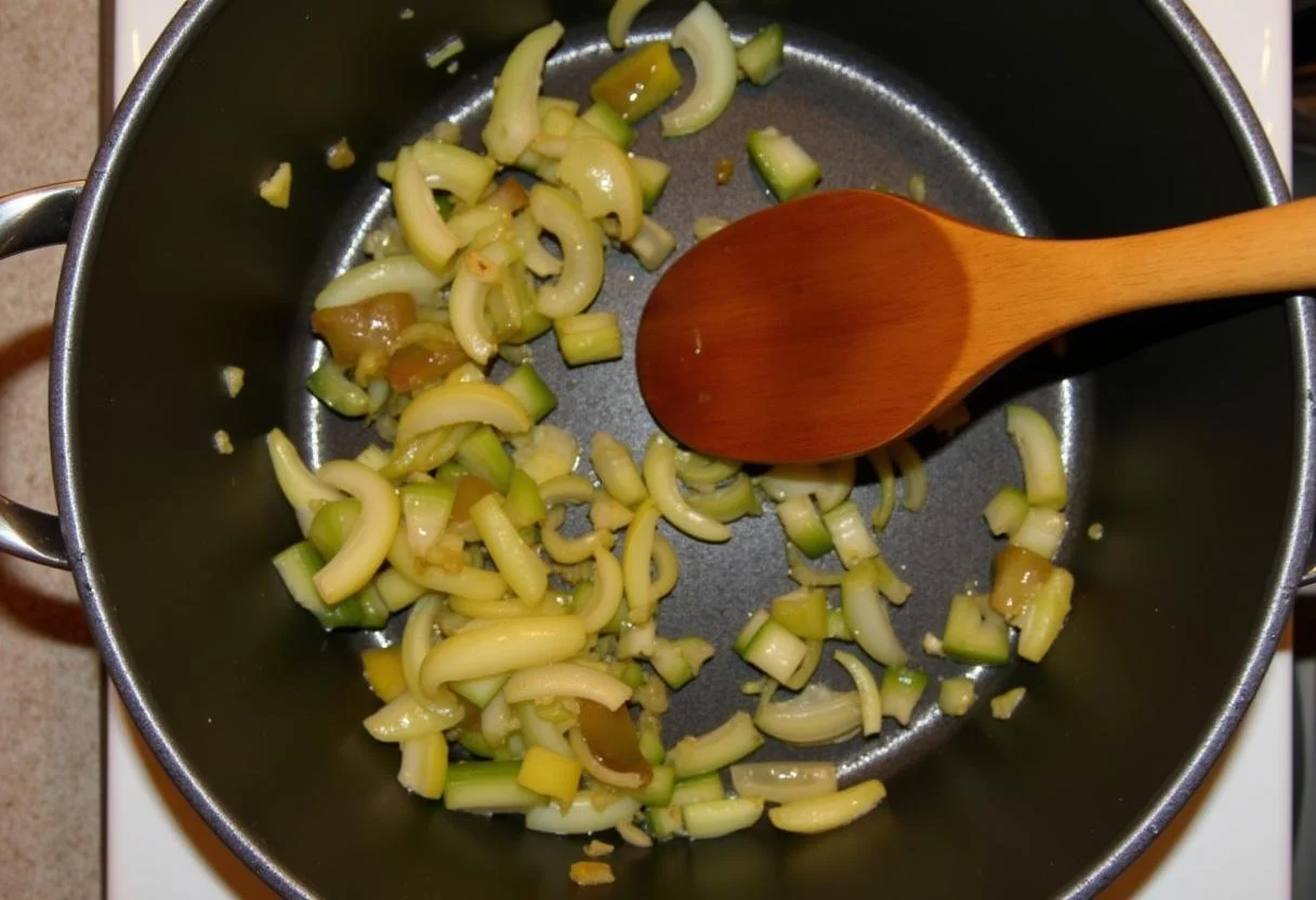 Cebolas e pimentões sendo refogados para o molho da moela de frango.