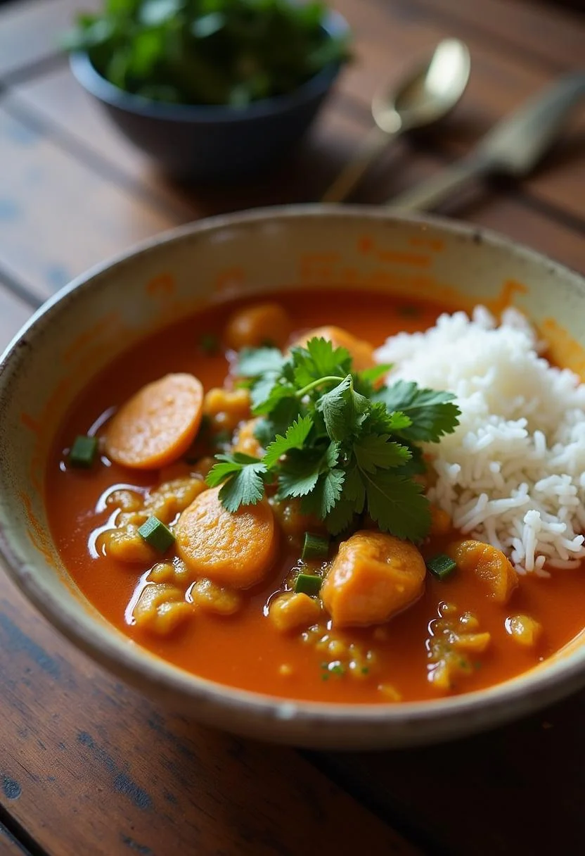 Moqueca Baiana finalizada, servida com arroz e decoração de coentro.