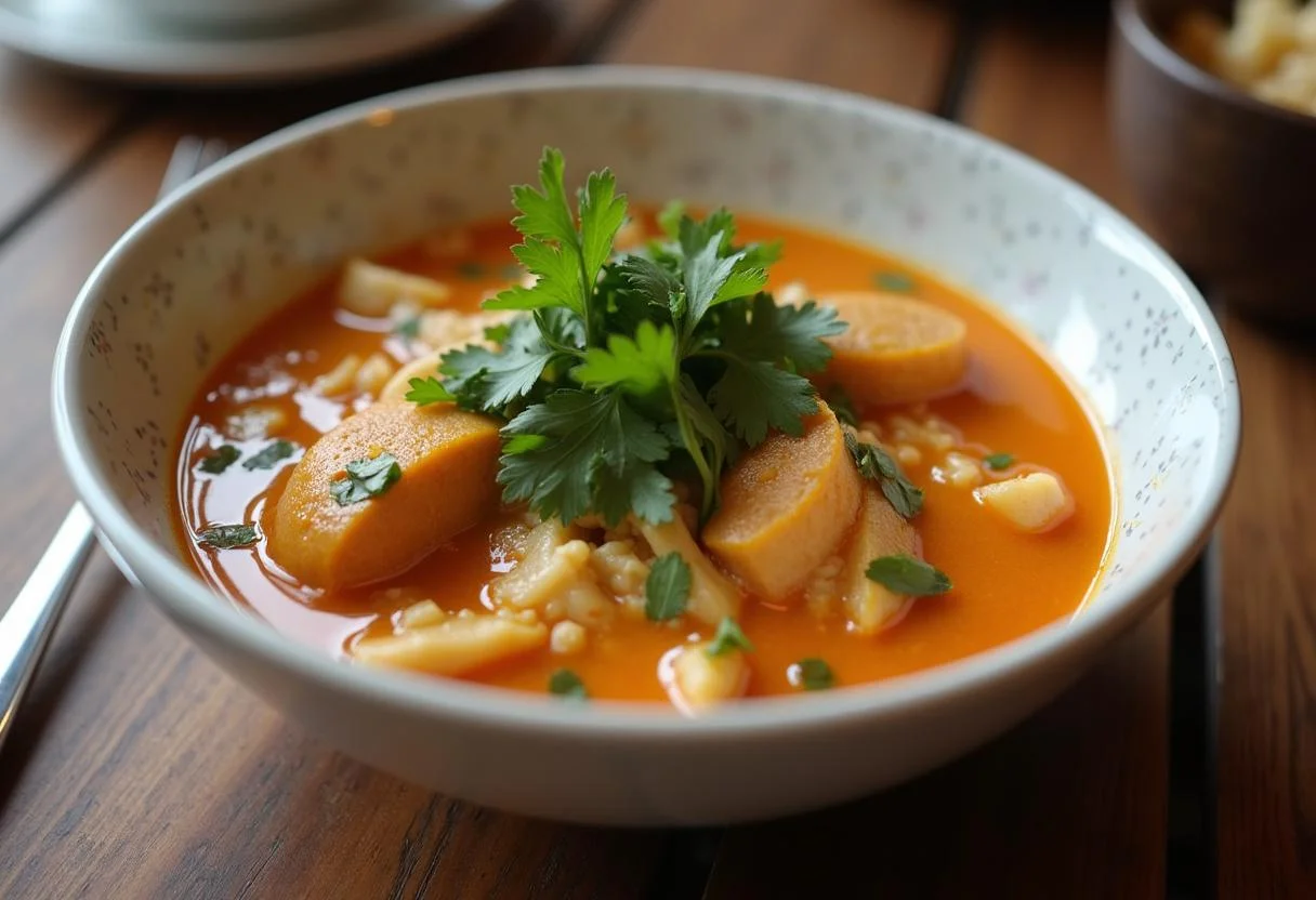 Moqueca Baiana finalizada, servida com arroz e decoração de coentro.