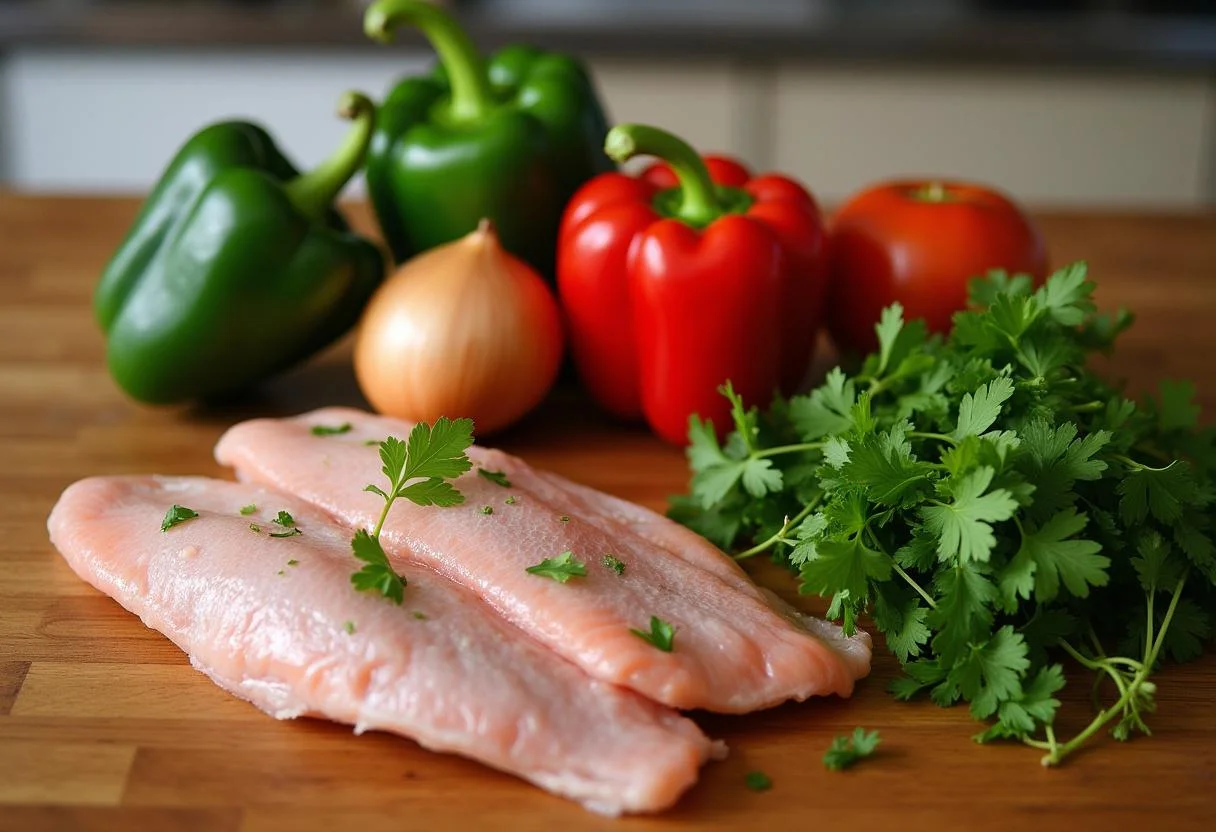 Ingredientes frescos para Moqueca Baiana, incluindo peixe, pimentões e tomates.