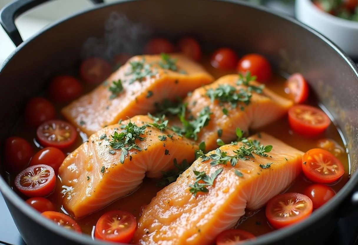 Peixes e tomates adicionados à panela para preparar Moqueca Baiana.