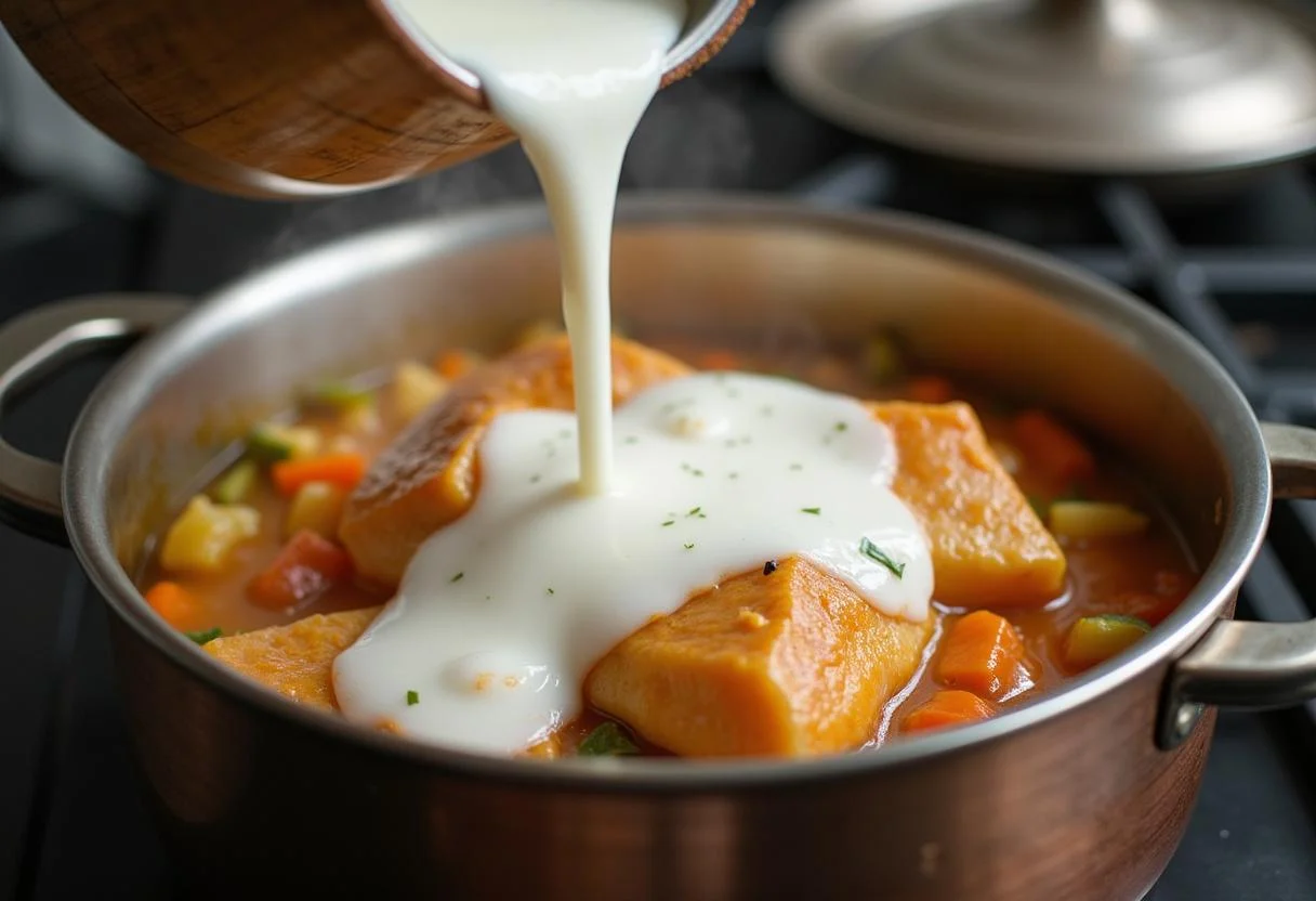 Leite de coco sendo adicionado à Moqueca Baiana para dar cremosidade.