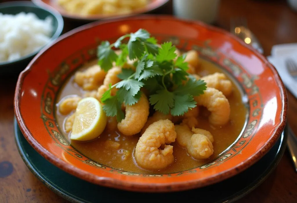 Moqueca Baiana dos Deuses pronta, servida com arroz branco e farofa, decorada com coentro e limão.