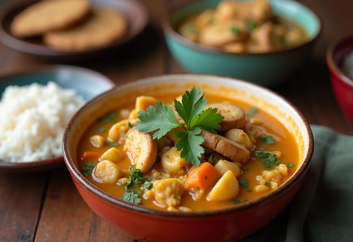 Moqueca Baiana dos Deuses pronta, servida com arroz branco e farofa, decorada com coentro e limão.