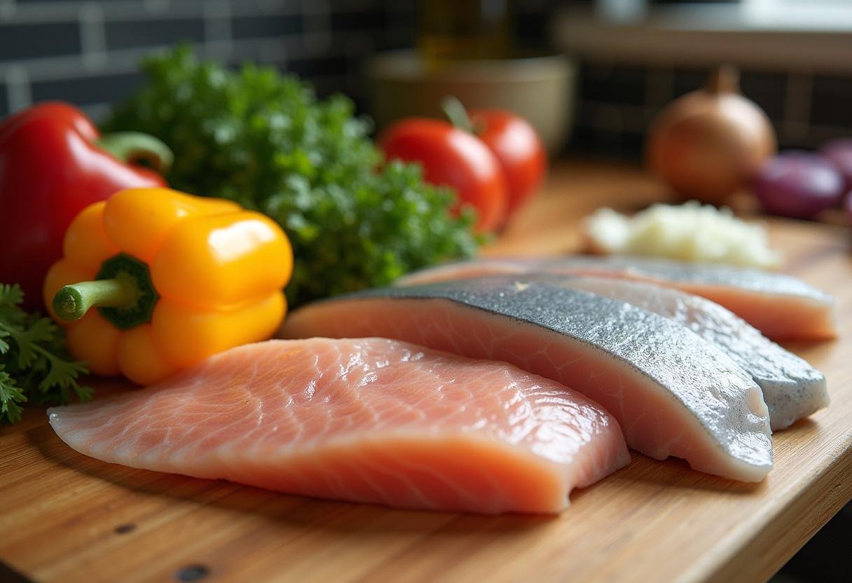 Peixes frescos marinando em suco de limão, alho e coentro para Moqueca Baiana dos Deuses.
