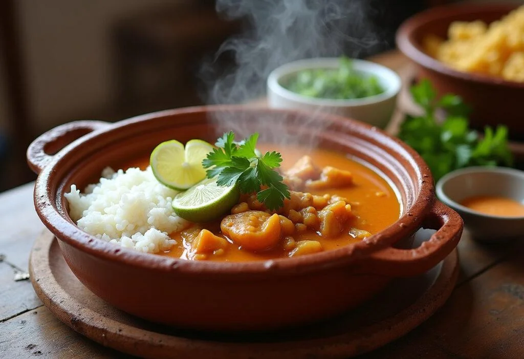 Moqueca Baiana pronta, servida com arroz branco e farofa, decorada com coentro e limão.