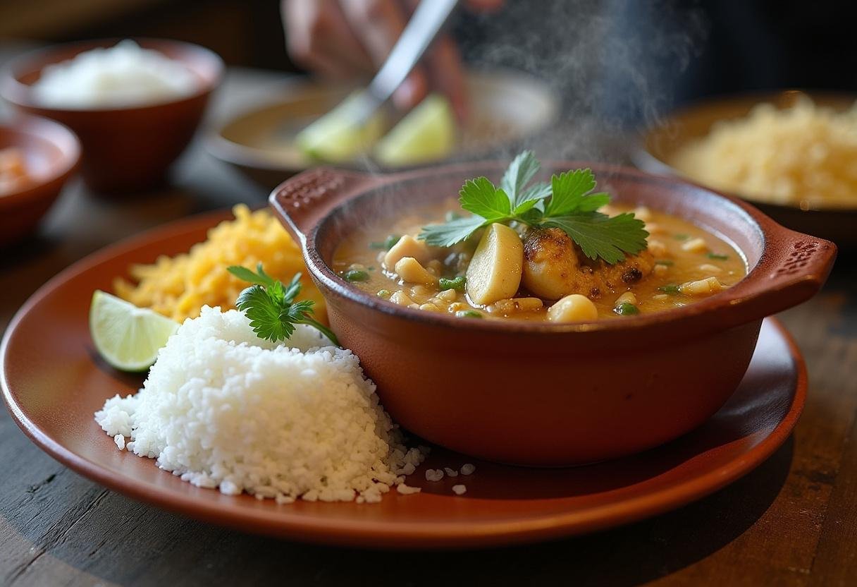 Moqueca Baiana pronta, servida com arroz branco e farofa, decorada com coentro e limão.