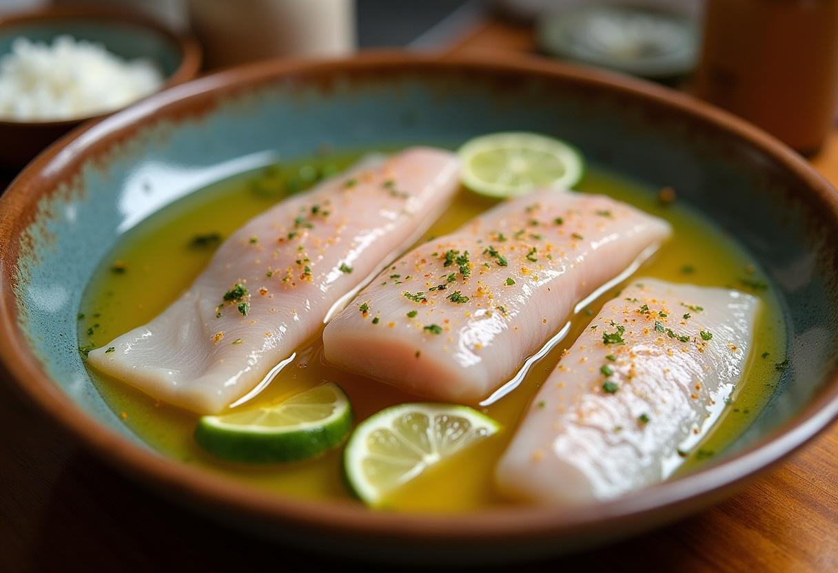 Peixes frescos marinando em suco de limão, alho e óleo de dendê para Moqueca Baiana.