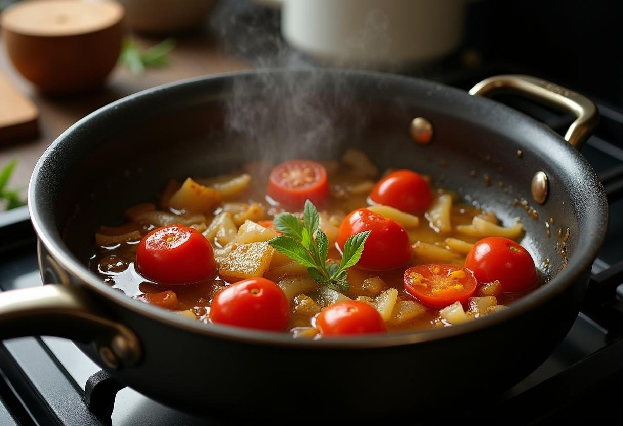 Cebola, pimentão e tomate refogando no óleo de dendê para Moqueca Baiana.